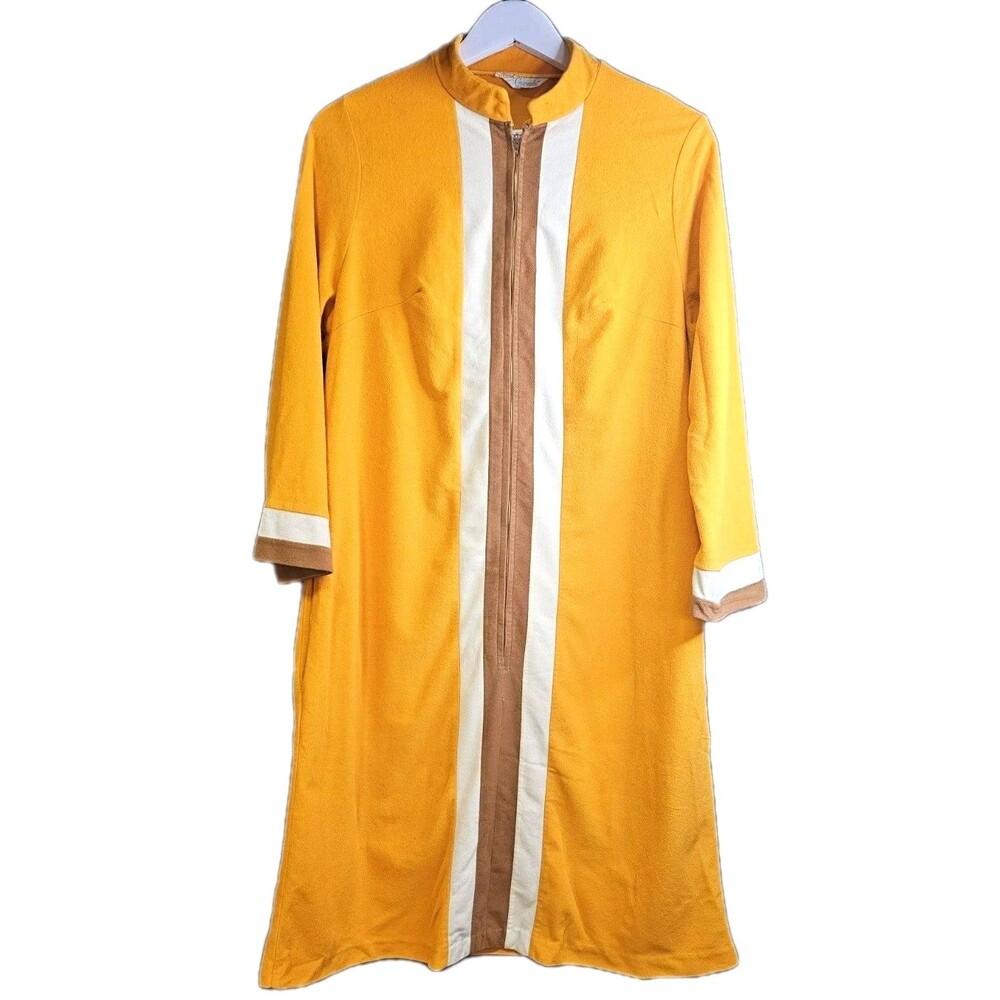 Vintage 70s Gaymode Penneys Mustard Mod House Dress Zip Front Lounge